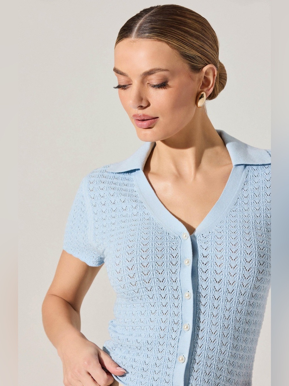 NWT ASTR the Label Light Blue Short-Sleeve Pearl Pointelle Sweater